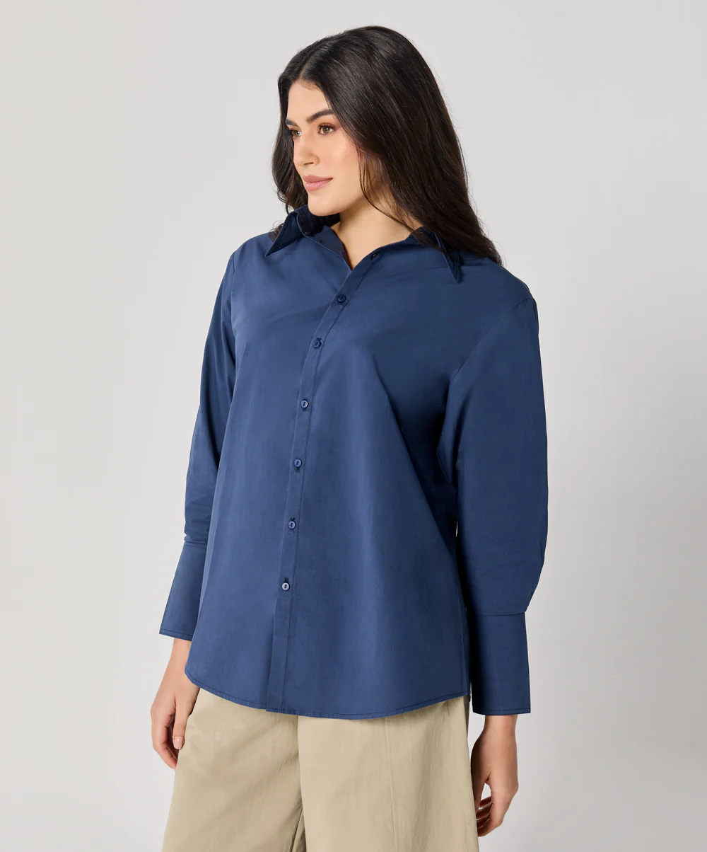 Cotton Oversized Shirt- Navy Blue - Image 5