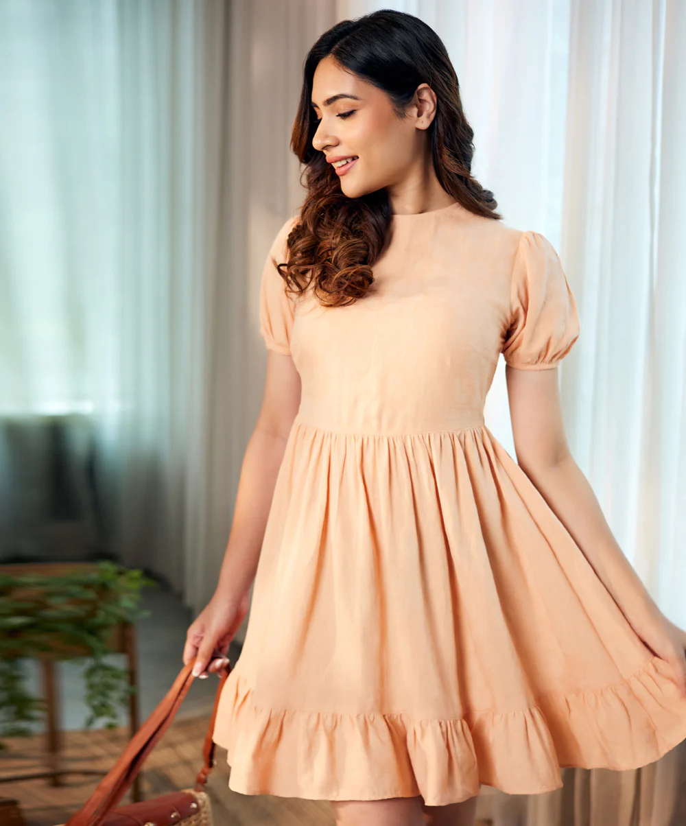 Cotton Puff Sleeve Ruffle Hem Flare Dress - Image 5