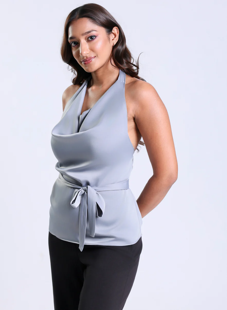 Cowl Neck Light Grey Satin Top - Image 2