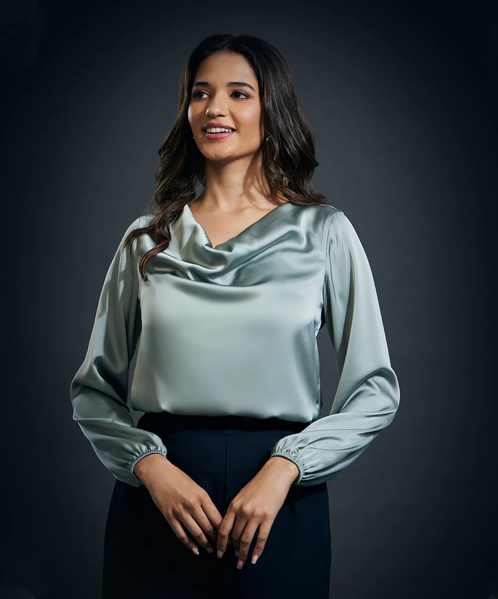 Cowl Neck Long Sleeve Satin Top-Olive