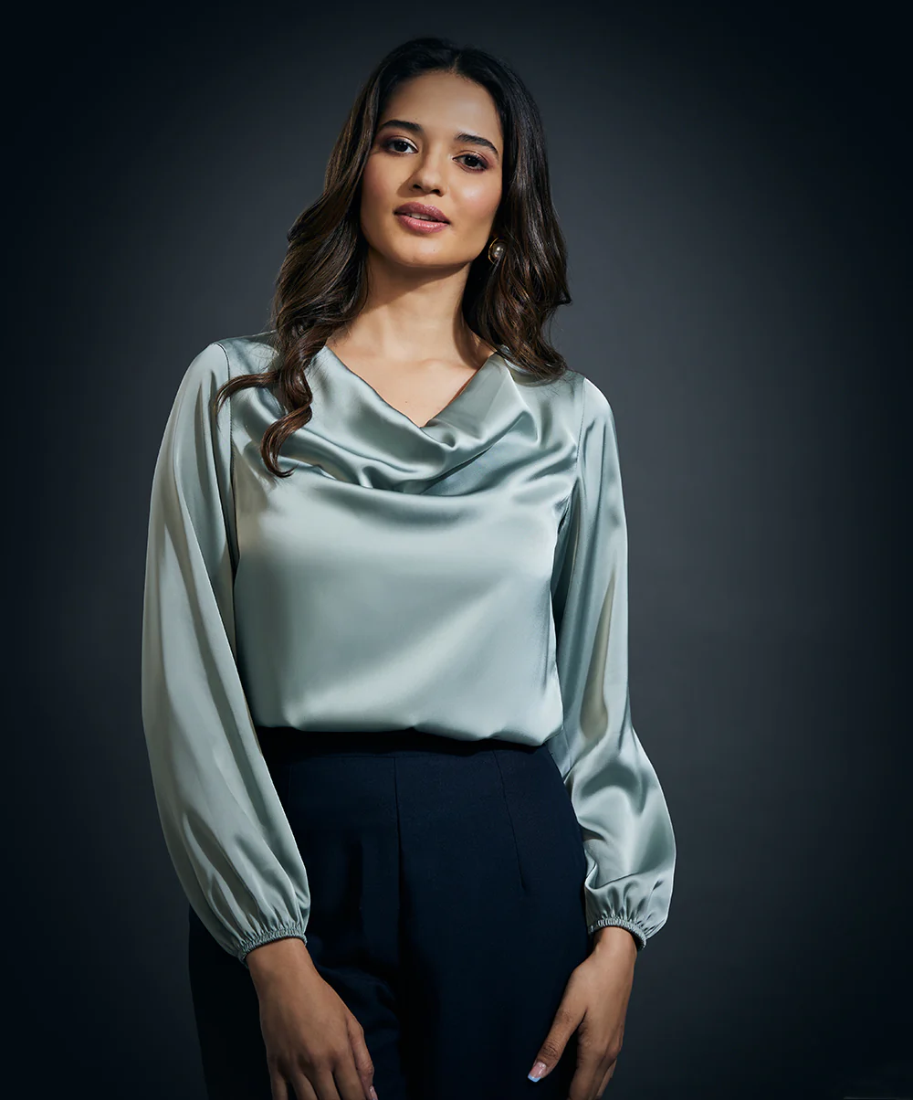 Cowl Neck Long Sleeve Satin Top-Olive - Image 3