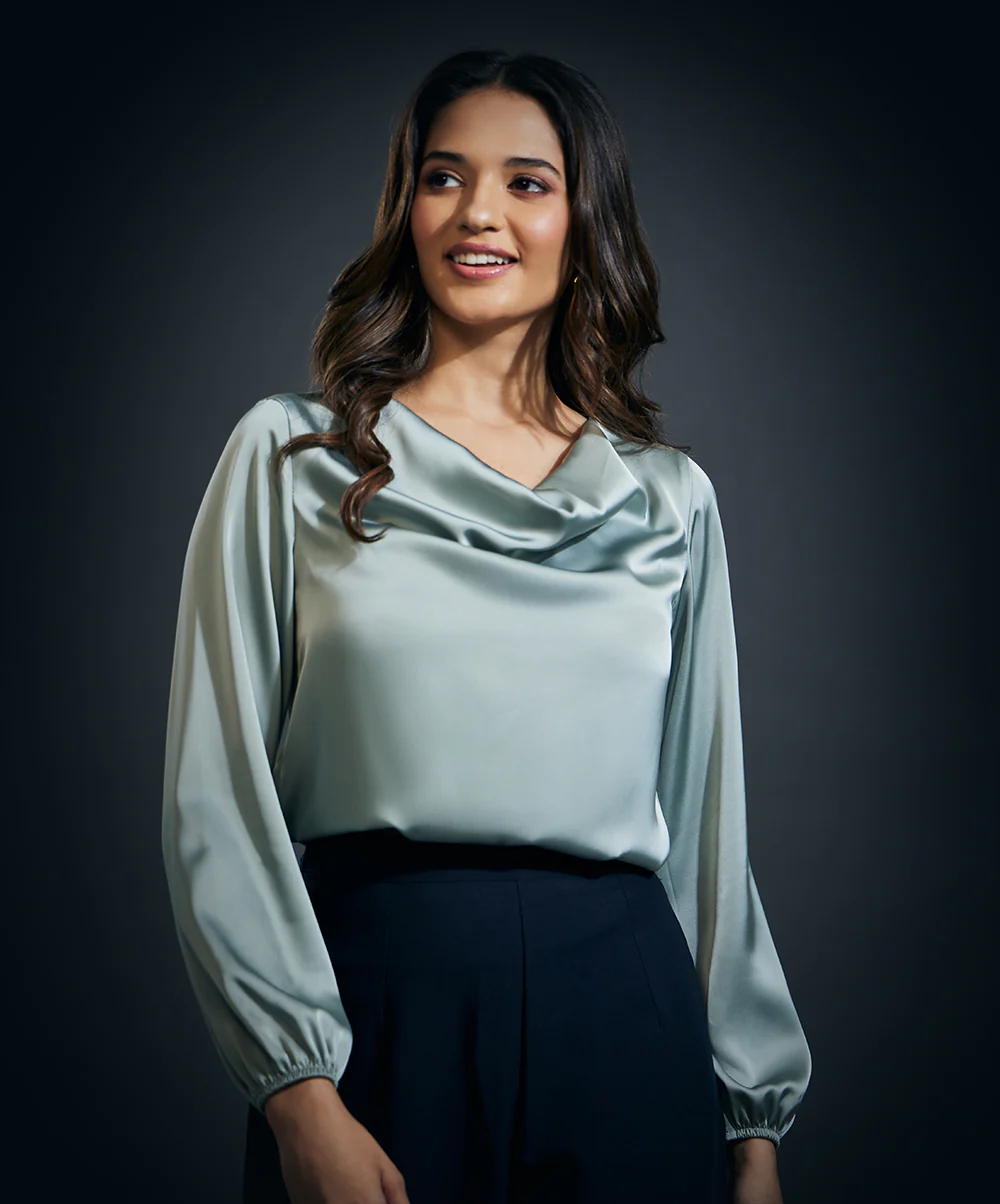 Cowl Neck Long Sleeve Satin Top-Olive - Image 4