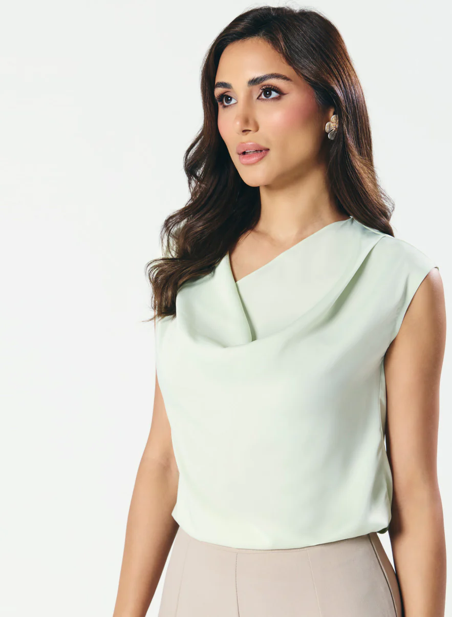 Cowl Neck Satin Pastal Green Top - Image 4