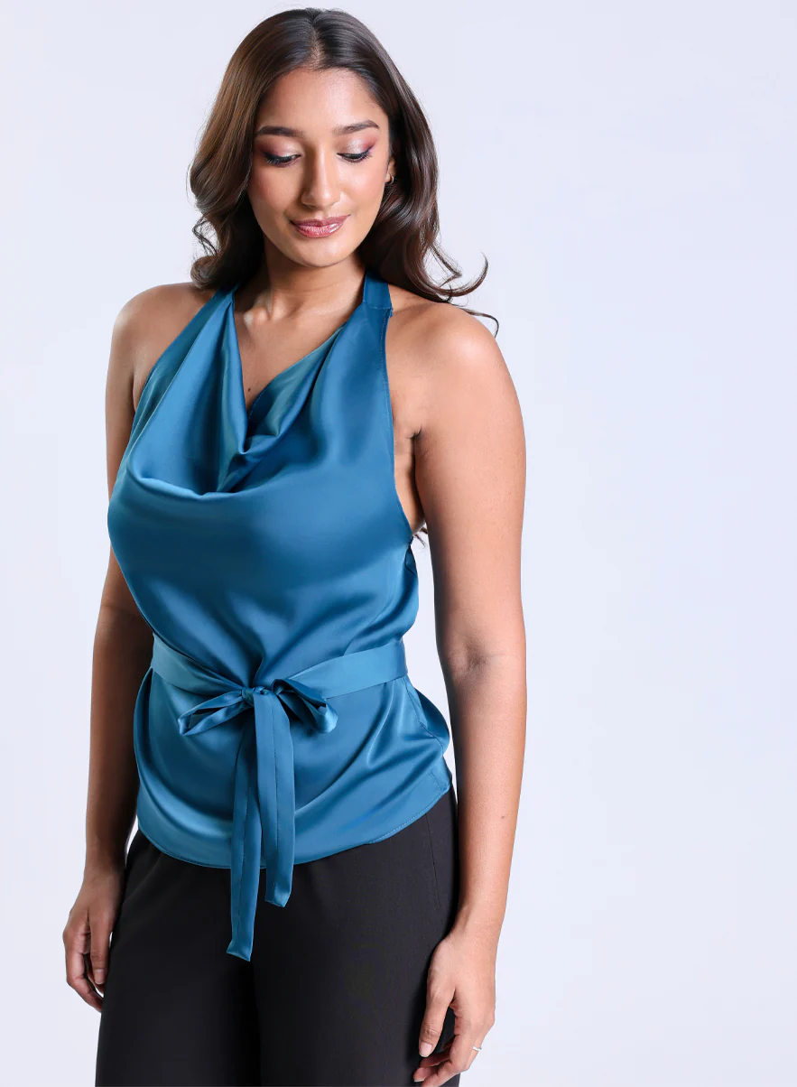 Cowl Neck Teal Blue Satin Top - Image 2