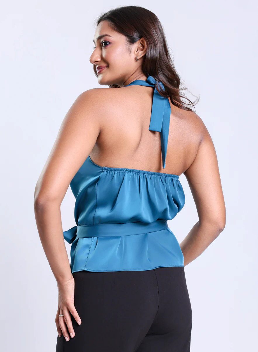 Cowl Neck Teal Blue Satin Top - Image 3