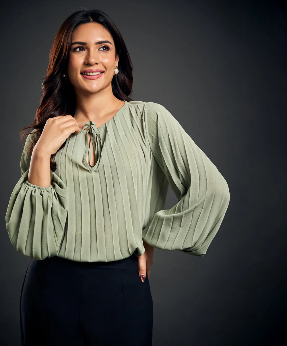 Crepe Pleated Chiffon Green Top - Image 2