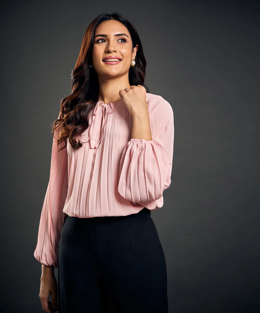 Crepe Pleated Chiffon Long Sleeve Top - Image 4