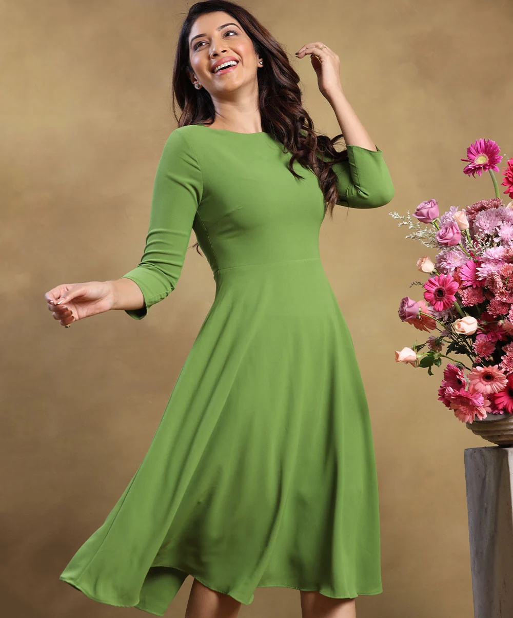 Crew Neck Long Sleeve Skater Dress - Image 2