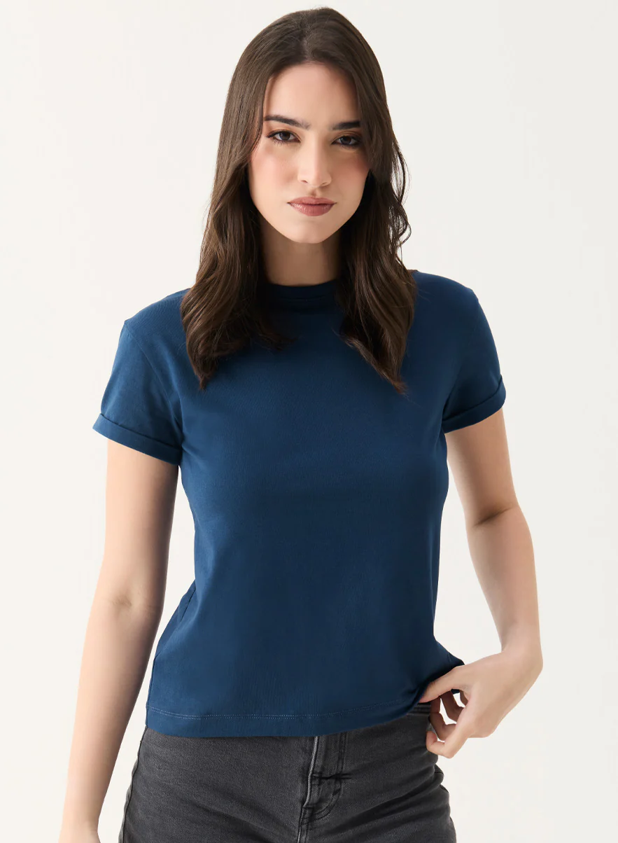 Crew Neck Turnup Sleeve Blue T-shirt - Image 3