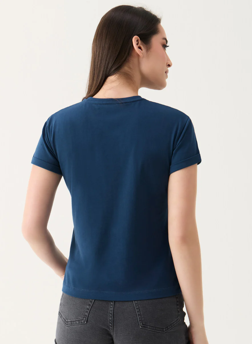 Crew Neck Turnup Sleeve Blue T-shirt - Image 4