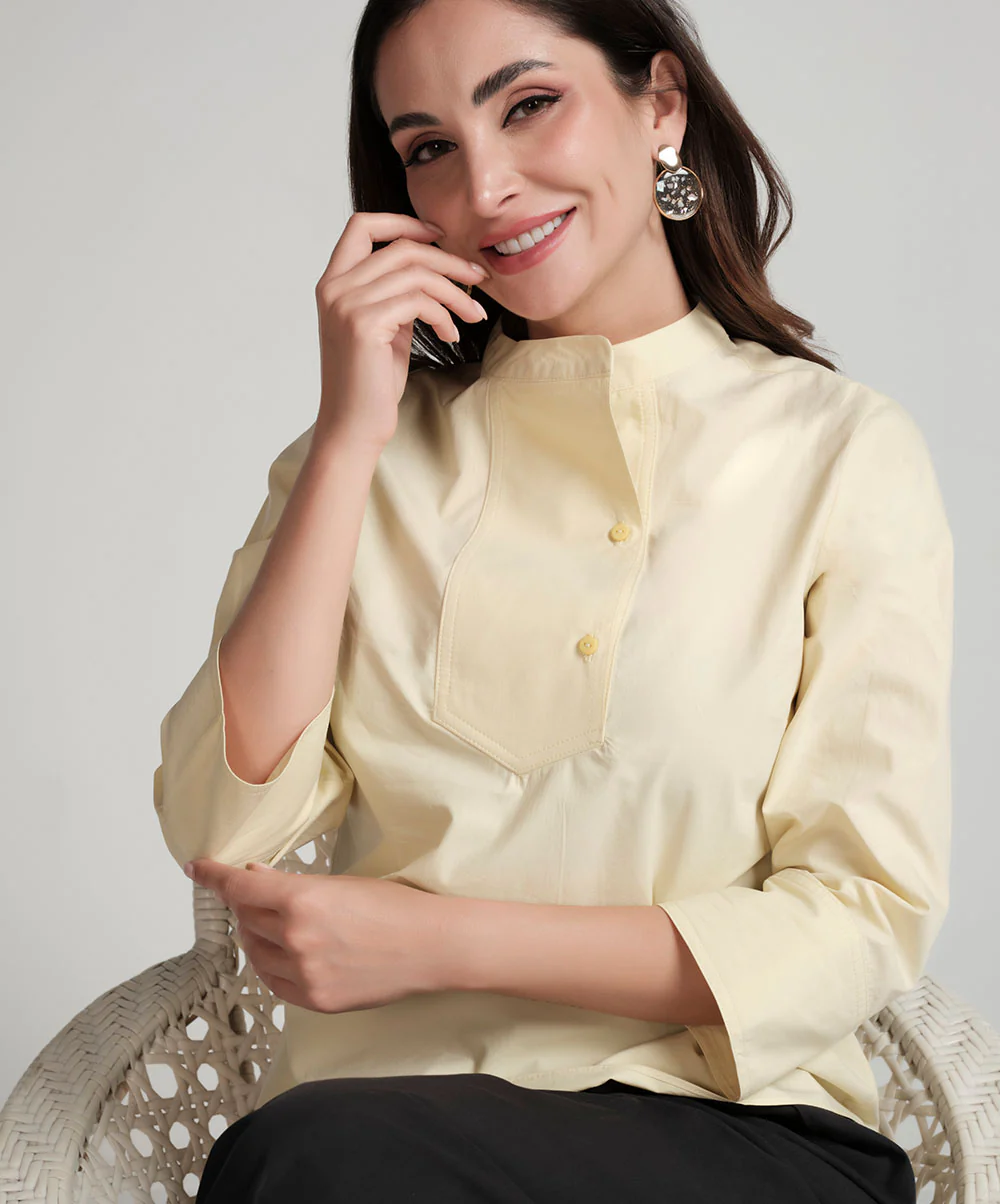 Crop Turn Up Sleeve Cotton Yellow Shirt - Image 3