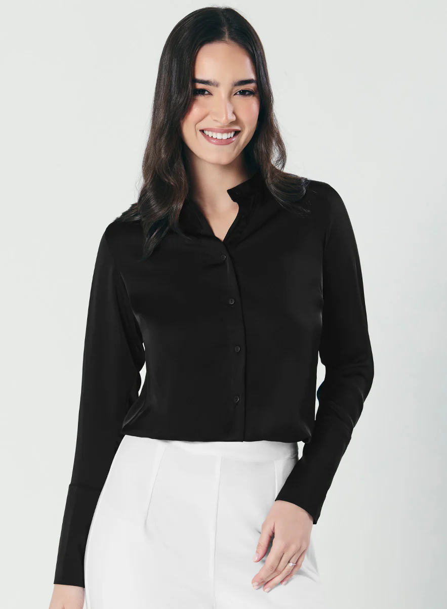 Cuff Detailed Elegant Black Satin Shirt - Image 4