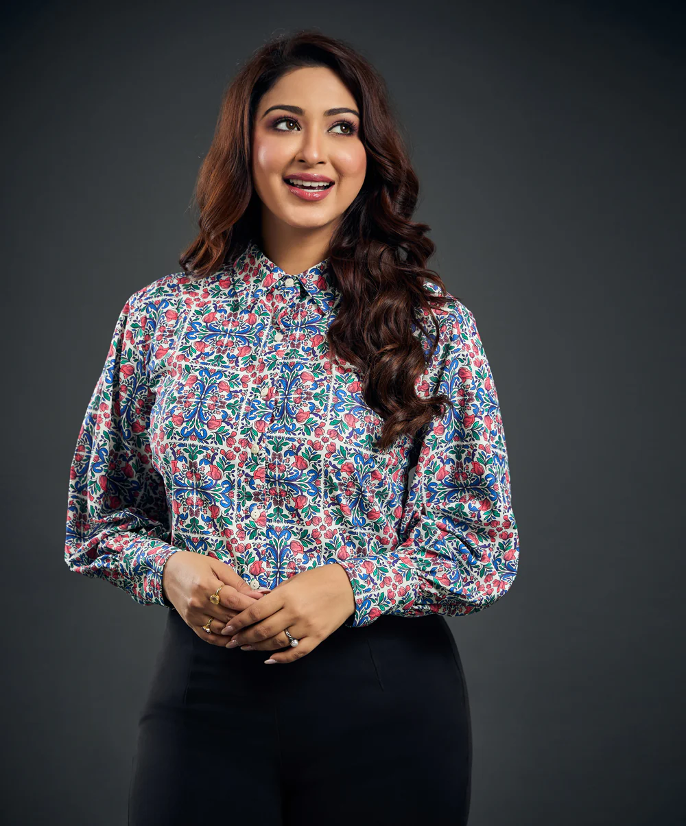 Cuff Detailed Long Sleeve Printed Blue Shirt - Image 3