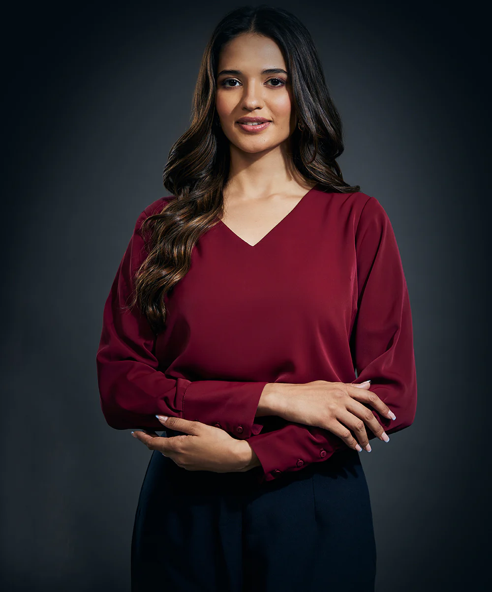 Cuff Scalloped Chiffon Top-Maroon