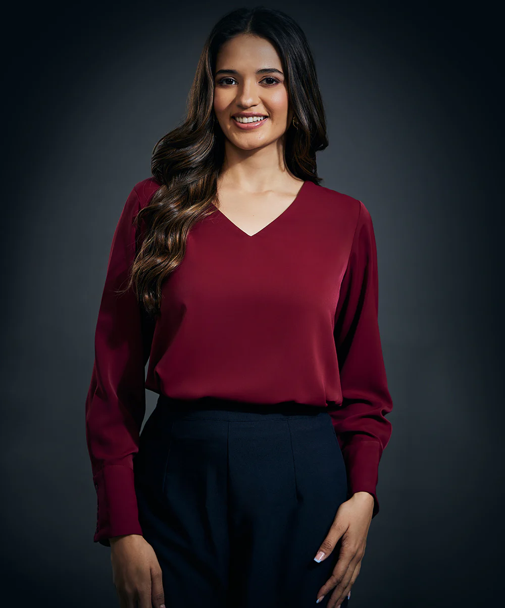 Cuff Scalloped Chiffon Top-Maroon - Image 2