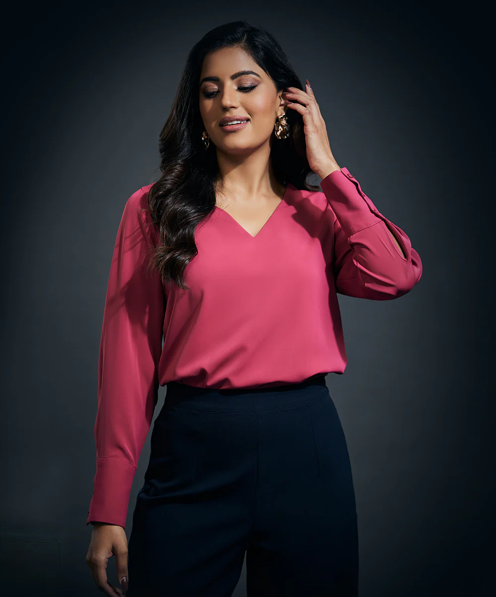 Cuff Scalloped Chiffon Top-Pink - Image 3