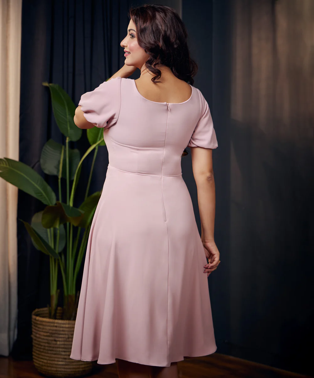 Curve Neck Puffed Sleeve Pink Dress - Image 4