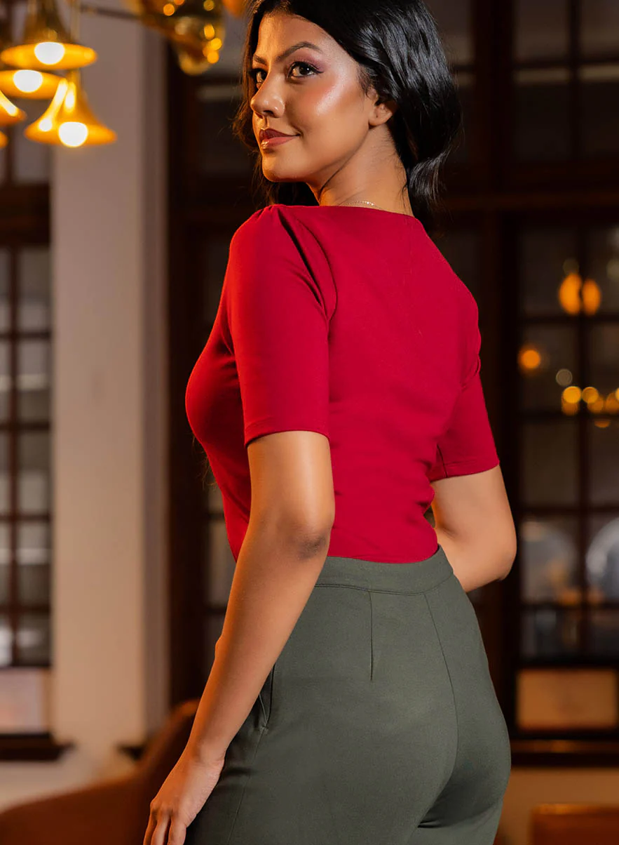 Curve V Neck Ponte Top - Maroon - Image 3