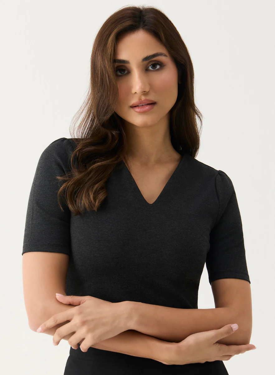 Curve Vneck Marl Grey Top - Image 2