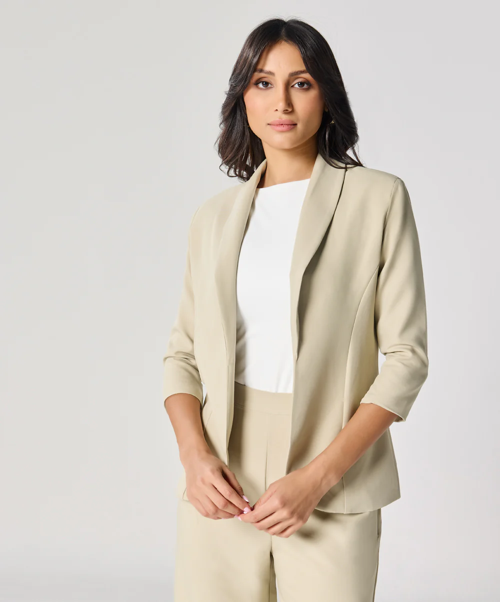 Curved Label Collared Classic Jacket- Beige - Image 4