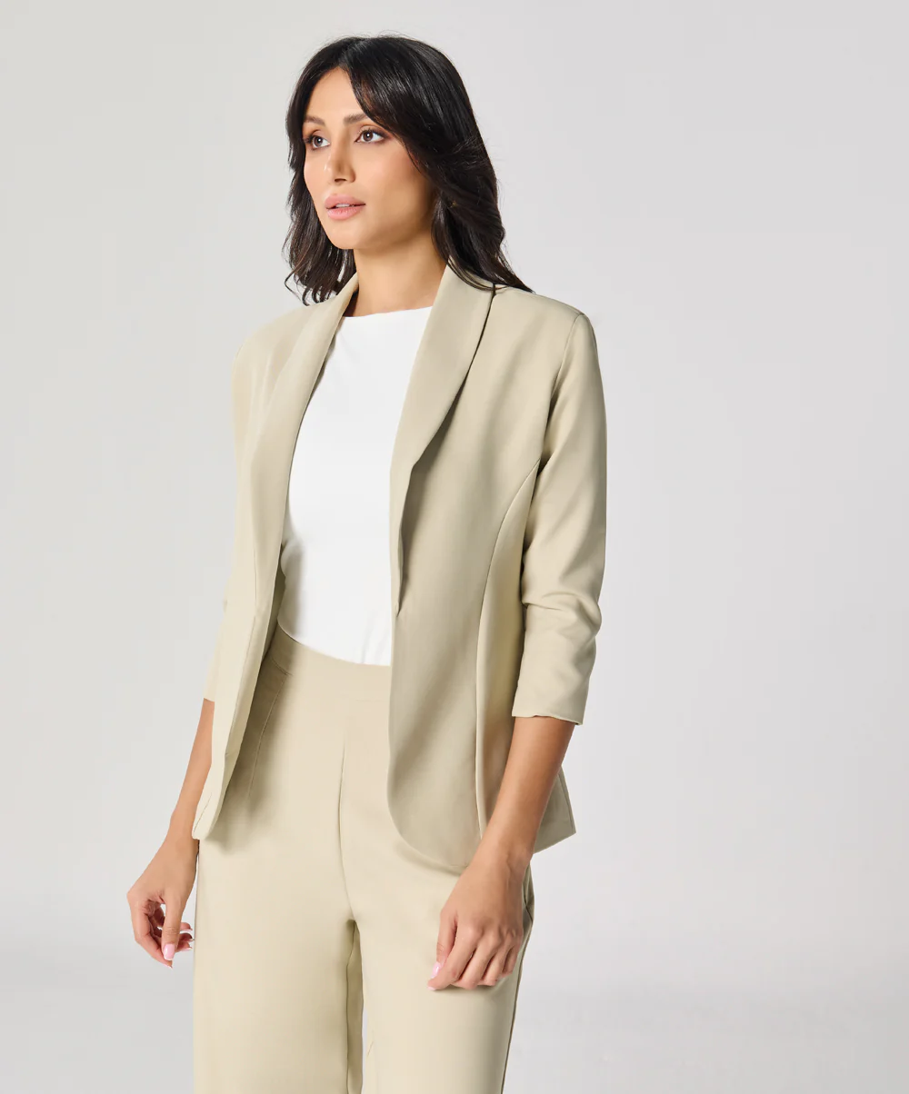 Curved Label Collared Classic Jacket- Beige - Image 5