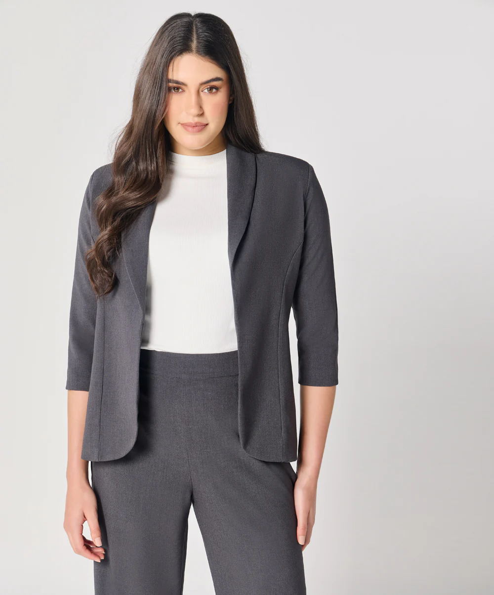 Curved Label Collared Classic Jacket- Grey