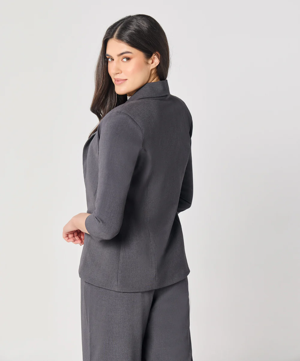 Curved Label Collared Classic Jacket- Grey - Image 6