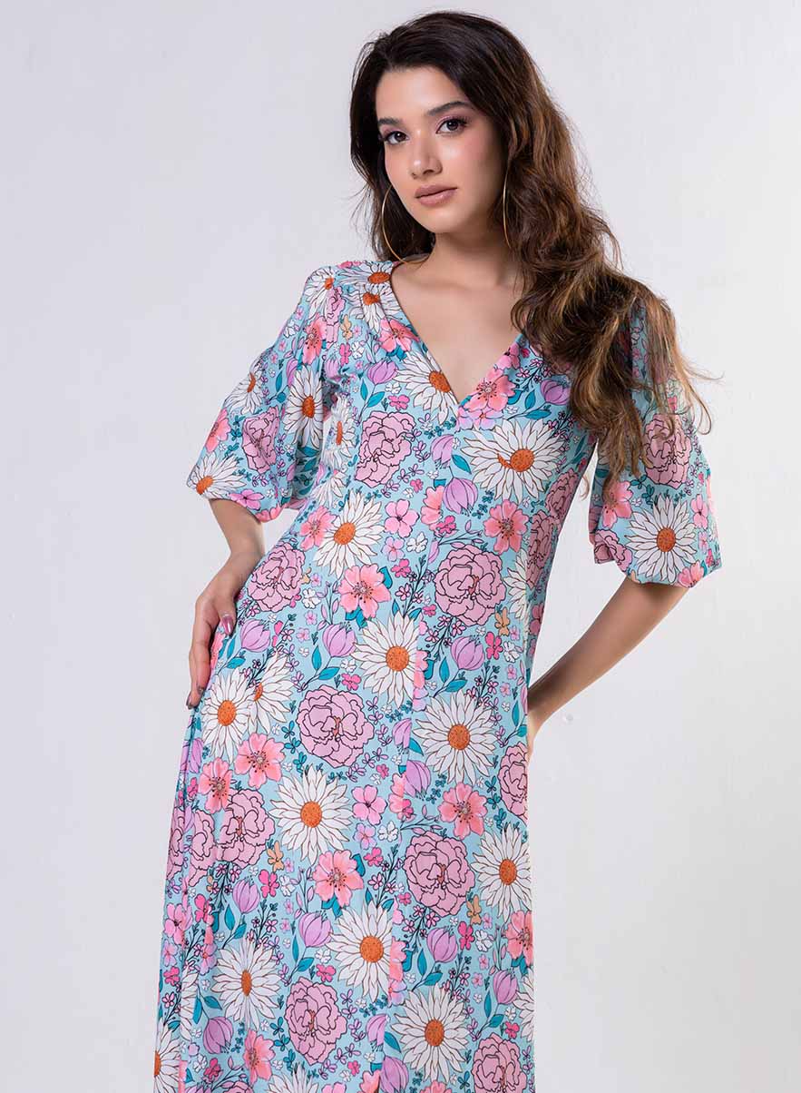 Curved V Neck Paneled Satin Printed Dress - Image 3