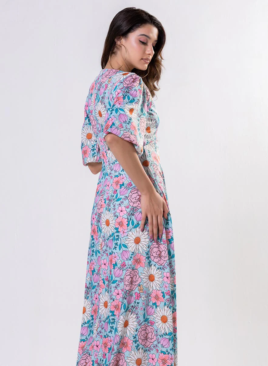 Curved V Neck Paneled Satin Printed Dress - Image 4