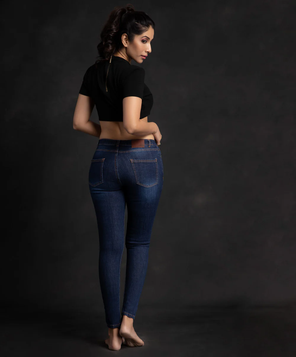 Dark Wash Knee Distressed Mid Waist Jean - Image 2