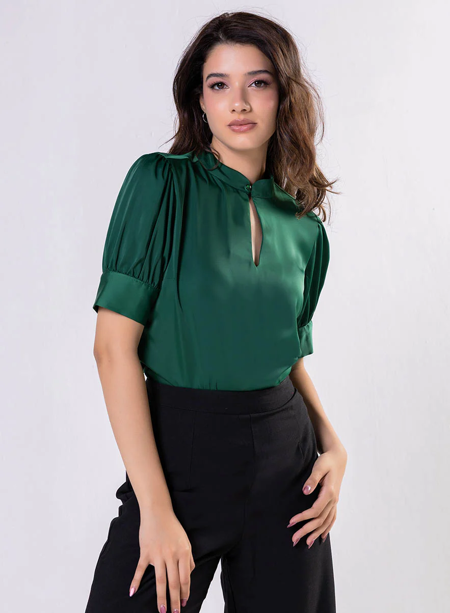 Deep Opened V Neck With A Band Satin Green Top - Image 2