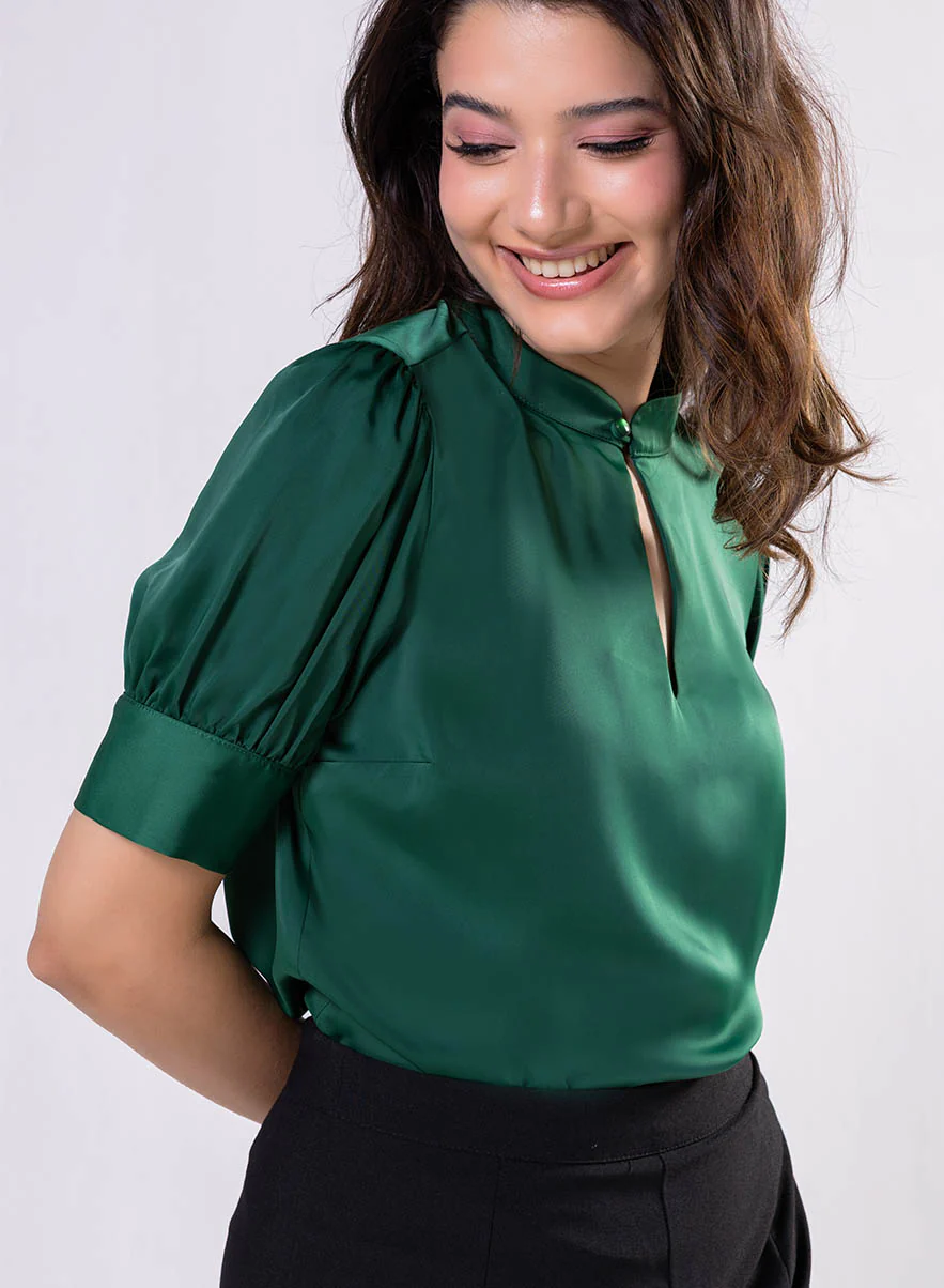 Deep Opened V Neck With A Band Satin Green Top - Image 3