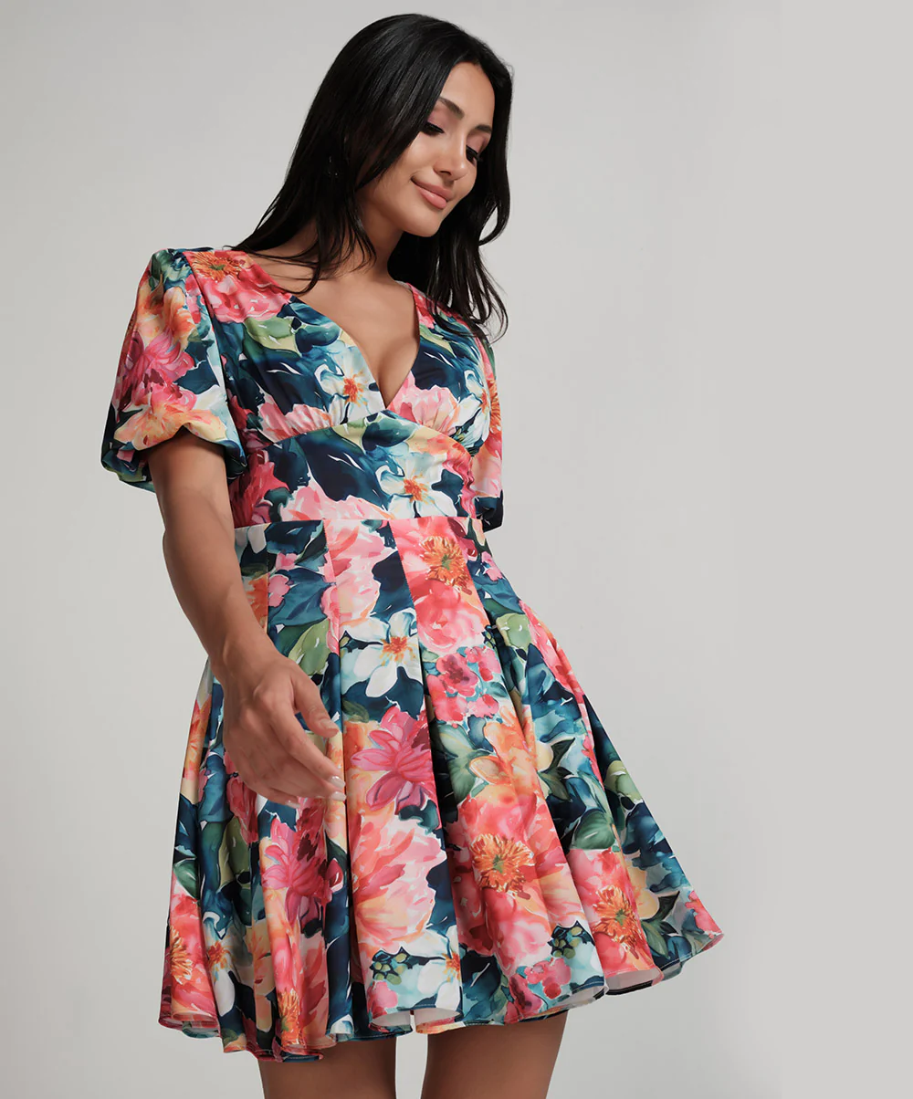 Deep Plunged Neck Printed Mini Dress - Image 3