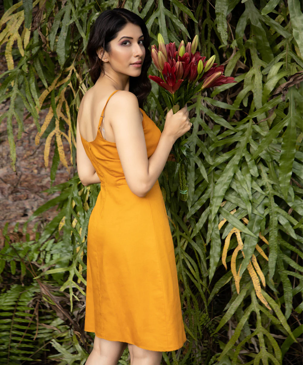 Deep Saffron Strappy Linen Shift Dress - Image 2