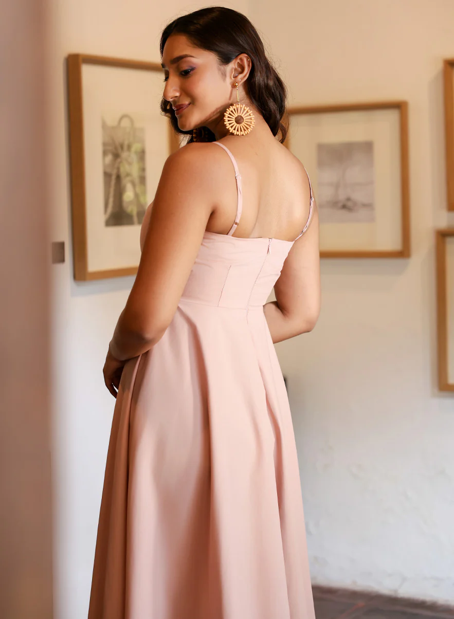 Deep V Neck Cotton Midi Dress Pink - Image 4