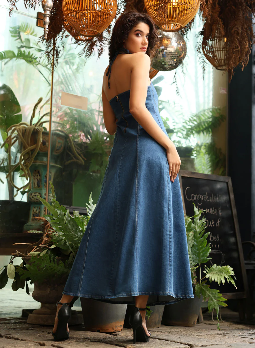 Deep V Neck Denim Maxi Dress - Image 7