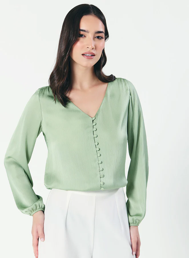 Deep VNeck Long Sleeve Green Top - Image 3