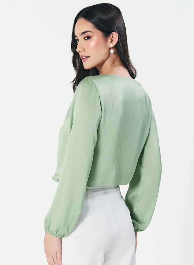 Deep VNeck Long Sleeve Green Top - Image 4