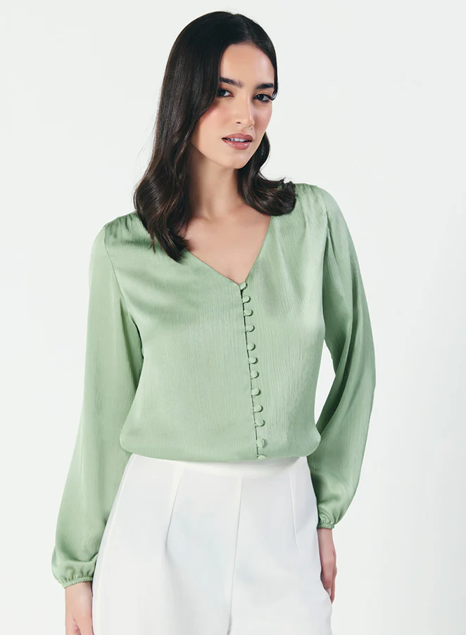 Deep VNeck Long Sleeve Green Top - Image 5