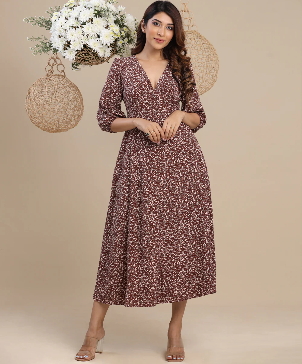Deep Vneck Long Sleeve Midi Dress