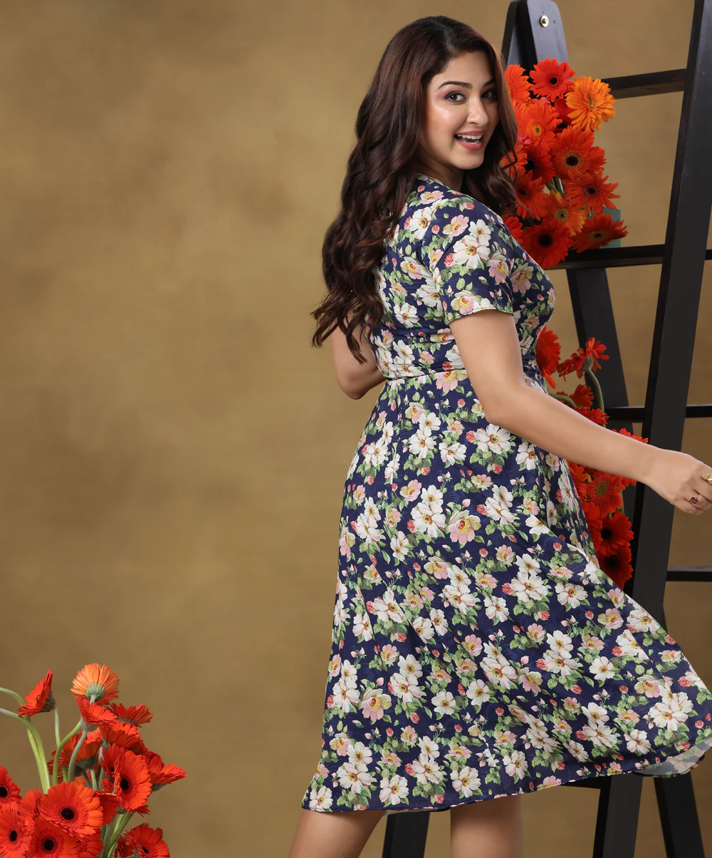 Deep Vneck Printed Chiffon Dress - Image 2