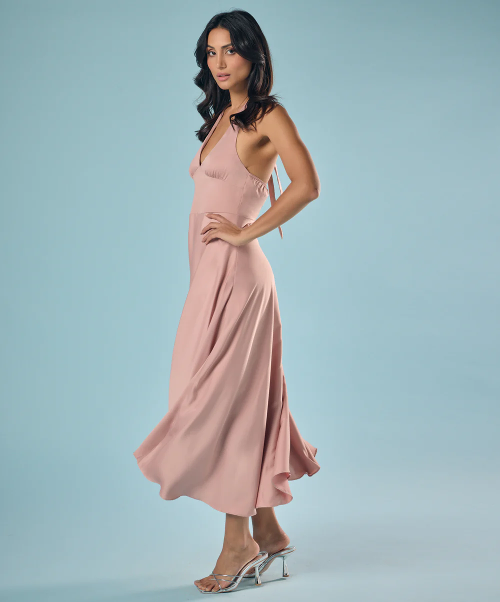 Deep Vneck Satin Solid Dress - Image 2