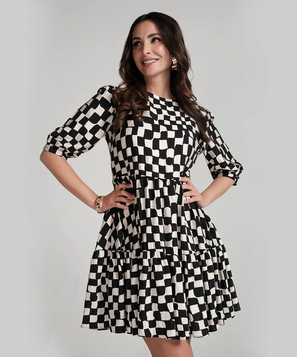 Diagonal Panel Printed Short Dress - Image 2