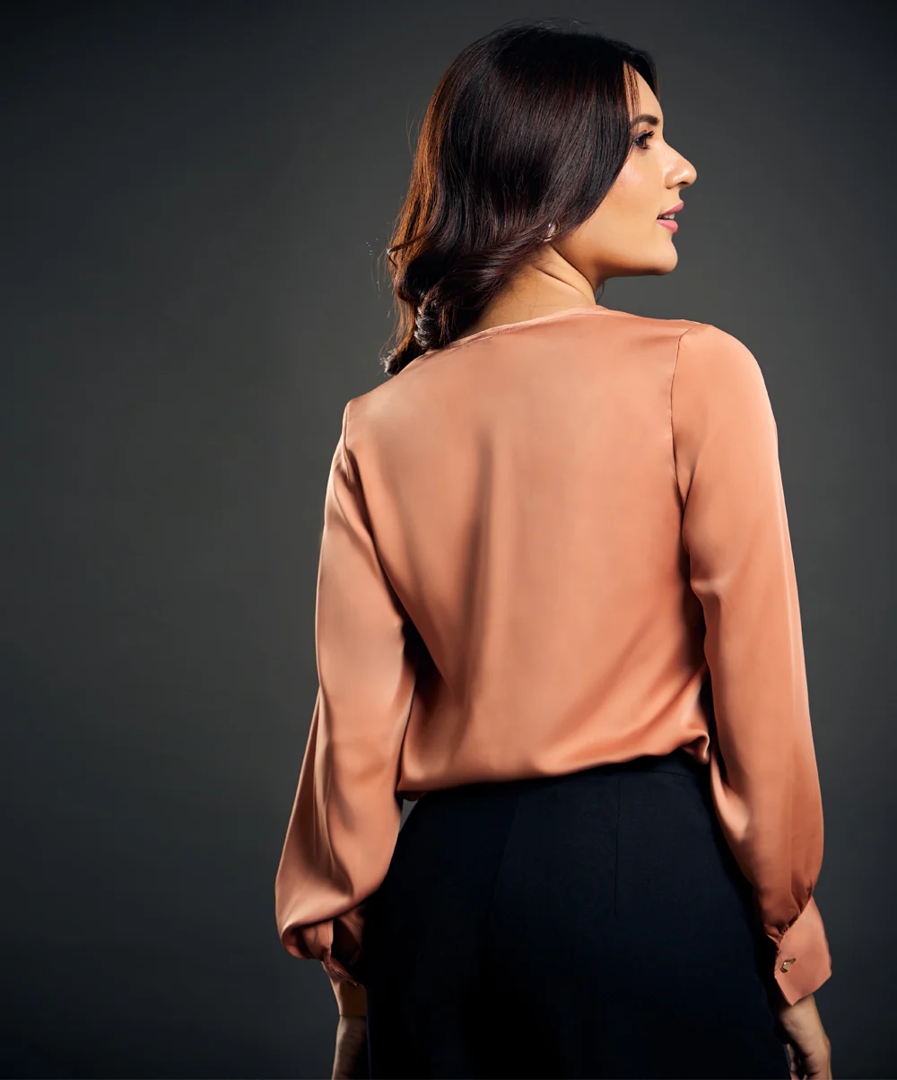 Draped Collar Lantern Sleeve Brown Blouse - Image 5