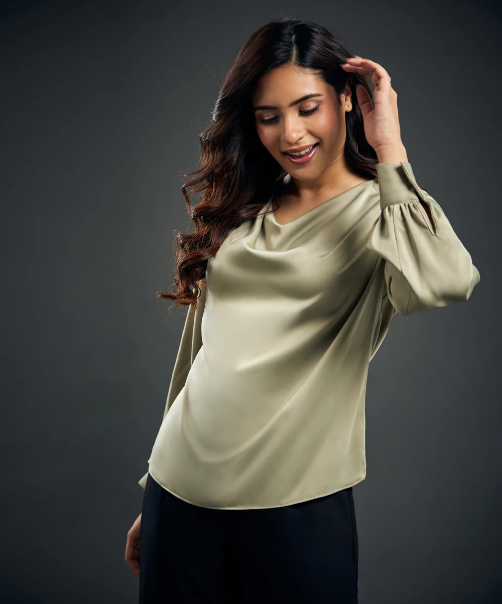 Draped Collar Lantern Sleeve Satin Blouse - Image 5