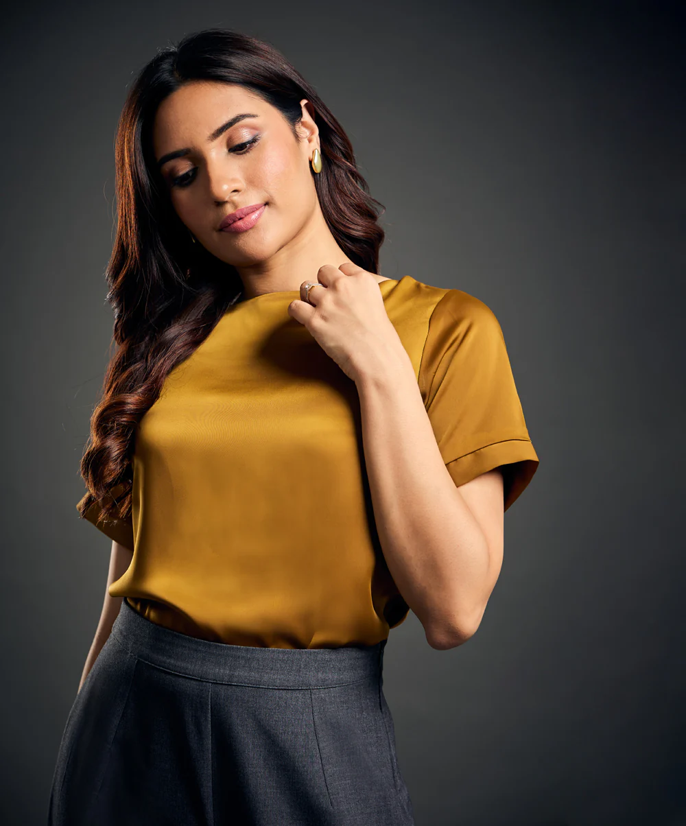 Drop Shoulder Boat Neck Brown Top