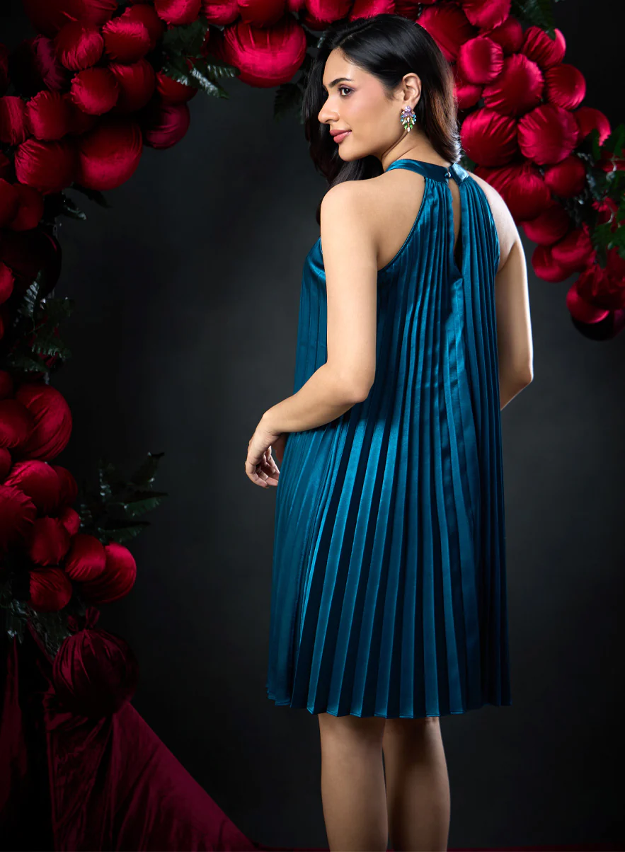 Elegant Neck Band Pleated Satin Dress - Image 6