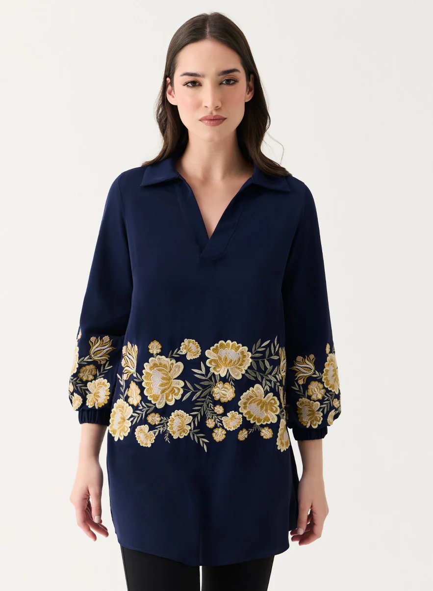 Embroidered Chiffon Collared Sleeve Torso Top - Image 2