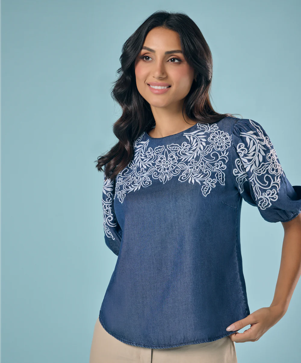 Embroidery And Cut Work Dark Blue Top - Image 5