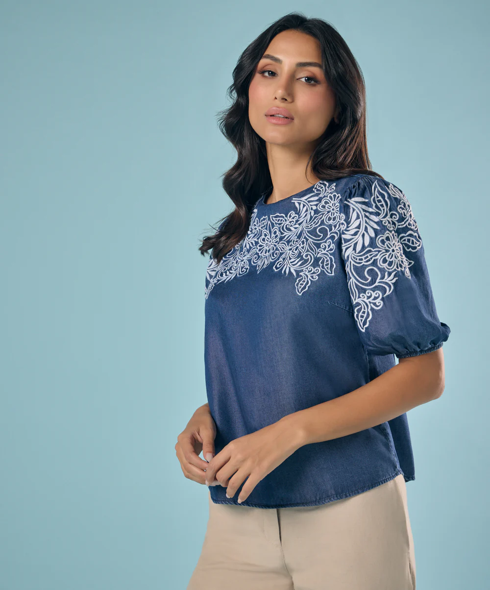 Embroidery And Cut Work Dark Blue Top - Image 6